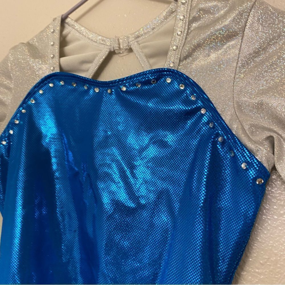 GK elite gymnastic competition leotard 3/4 long sleeve blue silver rhinestone SA - Picture 5 of 12